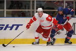 NEW YORK - DECEMBER 06: Justin Abdelkader #8 of the Detroit Red Wings skates towards the goal under pressure from Michal Rozsival #33 of the New York Rangers on December 6, 2009 at Madison Square Garden in New York City.  (Photo by Nick Laham/Getty Images)