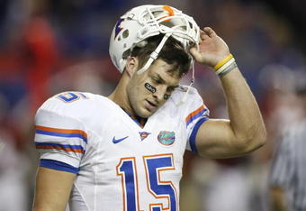 ATLANTA - DECEMBER 5:  Quarterback Tim Tebow #15 of the Florida Gators reacts after he threw an interception in the redzone in the fourth quarter against the Alabama Crimson Tide during the SEC Championship game at Georgia Dome on December 5, 2009 in Atlanta, Georgia.  (Photo by Chris Graythen/Getty Images)
