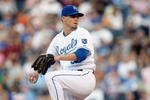 KANSAS CITY - MAY 14: Gil Meche #55 of the Kansas City Royals lines up the pitch during the game between the Baltimore Orioles on May 14, 2009 at Kauffman Stadium in Kansas City, Missouri. (Photo by: Jamie Squire/Getty Images)