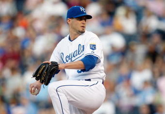 KANSAS CITY - MAY 14: Gil Meche #55 of the Kansas City Royals lines up the pitch during the game between the Baltimore Orioles on May 14, 2009 at Kauffman Stadium in Kansas City, Missouri. (Photo by: Jamie Squire/Getty Images)