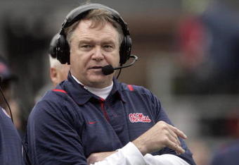 OXFORD, MS - OCTOBER 10:  Coach Houston Nutt of the Mississippi Rebels watches from the sidelines in their game against the Alabama Crimson Tide during their college football game at Vaught-Hemingway Stadium on October 10, 2009 in Oxford, Mississippi.  (Photo by Dave Martin/Getty Images)