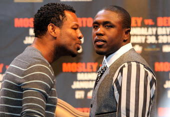 LAS VEGAS - NOVEMBER 14:  (L-R) Shane Mosely and Andre Berto pose after their news conference at the Mandalay Bay Hotel & Casino on November 14, 2009 in Las Vegas, Nevada. Mosley and Berto announced today they will meet in the ring on January 30, 2010 at the Mandalay Bay Events Center.  (Photo by Al Bello/Getty Images)