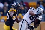 PITTSBURGH - DECEMBER 6: Chaz Schilens #81 of the Oakland Raiders catches a pass in front of Ryan Clark #25 and William Gay #22 of the Pittsburgh Steelers during the game on December 6, 2009 at Heinz Field in Pittsburgh, Pennsylvania. (Photo by Jared Wickerham/Getty Images)