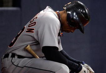 MINNEAPOLIS - OCTOBER 06:  Curtis Granderson #28 of the Detroit Tigers waits in the on deck circle during the American League Tiebreaker game against the Minnesota Twins on October 6, 2009 at Hubert H. Humphrey Metrodome in Minneapolis, Minnesota.  (Photo by Jamie Squire/Getty Images)