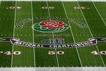 PASADENA, CA - JANUARY 04:  A view of the logo on the Rose Bowl field before the start of the BCS National Championship Rose Bowl Game between the USC Trojans and the Texas Longhorns on January 4, 2006 in Pasadena, California. (Photo by Donald Miralle/Getty Images)