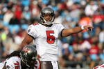 CHARLOTTE, NC - DECEMBER 06:  Josh Freeman #5 of the Tampa Bay Buccaneers calls a play against the Carolina Panthers at Bank of America Stadium on December 6, 2009 in Charlotte, North Carolina.  (Photo by Streeter Lecka/Getty Images)