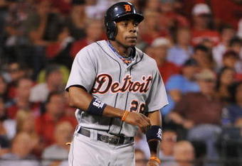 ANAHEIM, CA - AUGUST 25:  Curtis Granderson #28 of the Detroit Tigers celebrates after scoring a run for a 4-3 lead over the Los Angeles Angels of Anaheim during the seventh inning at Angel Stadium of Anaheim on August 25, 2009 in Anaheim, California.  (Photo by Harry How/Getty Images)