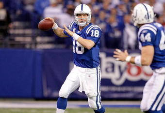 INDIANAPOLIS - DECEMBER 06:  Peyton Manning #18 of the Indianapolis Colts throws a pass during the NFL game against the Tennessee Titans at Lucas Oil Stadium on December 6, 2009 in Indianapolis, Indiana.  (Photo by Andy Lyons/Getty Images)