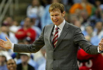 RALEIGH, NC - MARCH 23:  Head coach John Pelphrey of the Arkansas Razorbacks reacts to a call made against the North Carolina Tar Heels during the second round of the 2008 NCAA Men's Basketball Tournament East Regional on March 23, 2008 at the RBC Center in Raleigh, North Carolina.  (Photo by Streeter Lecka/Getty Images)