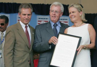COOPERSTOWN, NY - JULY 31:  Author Peter Gammons (second from L) receives the J.G. Taylor Spink Award from Hall of Fame President Dale Petroskey and Chairperson Jane Forbes Clark on July 31, 2005 at the Clark Sports Complex in Cooperstown, New York.  Earlier in the ceremony Gammons was inducted to the Baseball Hall of Fame. (Photo by Ezra Shaw/Getty Images)   COOPERSTOWN, NY - JULY 31:  Ford C. Frick Award winner Jerry Coleman (second from left) receives his award from (l-r) Hall of Fame President Dale Petroskey, Jane Forbes Clark and Tom Seaver after he was inducted to the Baseball Hall of Fame on July 31, 2005 at the Clark Sports Complex in Cooperstown, New York.  (Photo by Ezra Shaw/Getty Images) Jerry Coleman;Tom Seaver Hall of Fame President Dale Petroskey