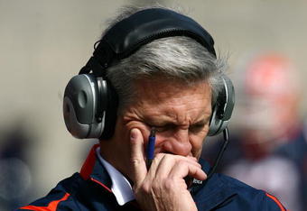 CHAMPAIGN, IL - OCTOBER 10: Head coach Ron Zook of the Illinois Fighting Illini walks the sidelines during a game against the Michigan State Spartans on October 10, 2009 at Memorial Stadium at the University of Illinois in Champaign, Illinois. (Photo by Jonathan Daniel/Getty Images)