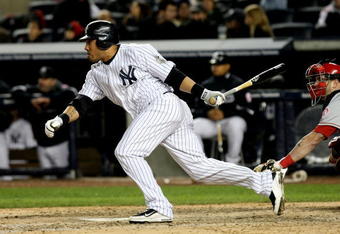 NEW YORK - OCTOBER 17:  Melky Cabrera #53 of the New York Yankees hits a single to centerfield in the bottom of the fifth inning against the Los Angeles Angels of Anaheim in Game Two of the ALCS during the 2009 MLB Playoffs at Yankee Stadium on October 17, 2009 in the Bronx borough of New York City.  (Photo by Nick Laham/Getty Images)
