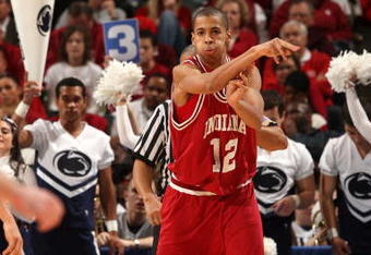 INDIANAPOLIS - MARCH 12:  Verdell Jones III #12 of  the Indiana Hoosiers passes the ball against the Penn State Nittany Lions during the first round of the Big Ten Men's Basketball Tournament at Conseco Fieldhouse on March 12, 2009 in Indianapolis, Indiana.  (Photo by Jonathan Daniel/Getty Images)