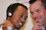 SHANGHAI, CHINA - NOVEMBER 07:  Tiger Woods of the USA (L) shares a joke with Paul Casey of England during a press conference prior to the HSBC Champions tournament on November 7, 2006 in Shanghai, China.  (Photo by Ross Kinnaird/Getty Images)