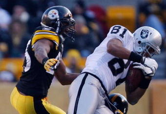 PITTSBURGH - DECEMBER 6: Chaz Schilens #81 of the Oakland Raiders catches a pass in front of Ryan Clark #25 and William Gay #22 of the Pittsburgh Steelers during the game on December 6, 2009 at Heinz Field in Pittsburgh, Pennsylvania. (Photo by Jared Wickerham/Getty Images)