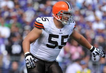 BALTIMORE - SEPTEMBER 27:  Alex Mack #55 of the Cleveland Browns defends against the Baltimore Ravens at M&T Bank Stadium on September 27, 2009 in Baltimore, Maryland. The Ravens defeated the Browns 34-3. (Photo by Larry French/Getty Images)