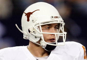 ARLINGTON, TX - DECEMBER 05:  Quarterback Colt McCoy #12 of the Texas Longhorns at Cowboys Stadium on December 5, 2009 in Arlington, Texas.  (Photo by Ronald Martinez/Getty Images)