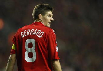 LIVERPOOL, UNITED KINGDOM - NOVEMBER 04:   Steven Gerrard of Liverpool looks on after his team conceded the opening goal during the UEFA Champions League Group D match between Liverpool and Atletico Madrid at Anfield on November 4, 2008 in Liverpool, England. (Photo by Laurence Griffiths/Getty Images)