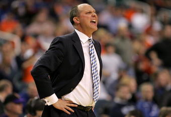 ATLANTA - MARCH 11:  Head coach Jeff Lebo of the Auburn Tigers reacts to a call on the sidelines in the game against the Louisiana State Tigers during the quarterfinals of the SEC Men's Basketball Tournament at the Georgia Dome on March 11, 2005 in Atlanta, Georgia.  (Photo by Streeter Lecka/Getty Images)