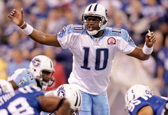 INDIANAPOLIS - DECEMBER 06:  Vince Young #10 of  the Tennessee Titans is pictured during the NFL game against the Indianapolis Colts at Lucas Oil Stadium on December 6, 2009 in Indianapolis, Indiana.  (Photo by Andy Lyons/Getty Images)