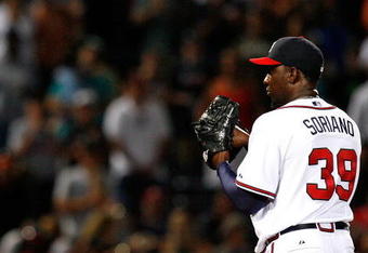 ATLANTA - AUGUST 22:  Closing pitcher Rafael Soriano #39 of the Atlanta Braves pitches in the ninth inning against the Florida Marlins on August 22, 2009 at Turner Field in Atlanta, Georgia.  (Photo by Kevin C. Cox/Getty Images)