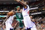 PHILADELPHIA - NOVEMBER 03:  Rajon Rondo #9 of the Boston Celtics drives against Elton Brand #42 of the Philadelphia 76ers at the Wachovia Center on November 3, 2009 in Philadelphia, Pennsylvania.  NOTE TO USER: User expressly acknowledges and agrees that, by downloading and or using this photograph, User is consenting to the terms and conditions of the Getty Images License Agreement.  (Photo by Chris Chambers/Getty Images)