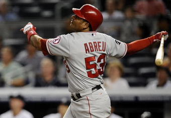 NEW YORK - SEPTEMBER 14:  Bobby Abreu #53 of the Los Angeles Angels of Anaheim bats in a game against the New York Yankees at Yankee Stadium on September 14, 2009 in the Bronx borough of New York City.  (Photo by Jeff Zelevansky/Getty Images)