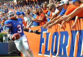 GAINESVILLE, FL - NOVEMBER 21: Running back Chris Rainey #3 of the Florida Gators celebrates a touchdown run against the Florida International University Golden Panthers, November 21, 2009 at Ben Hill Griffin Stadium in Gainesville, Florida.  (Photo by Al Messerschmidt/Getty Images)