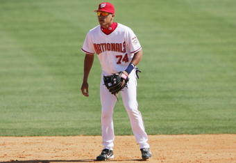 VIERA, FL - MARCH 2:  Infielder Ian Desmond #74 of the Washington Nationals plays defense against the New York Mets during MLB Spring Training action on March 2, 2005 at the Space Coast Stadium in Viera, Florida. The Washington Nationals defeated the Mets 5-3. (Photo by Doug Pensinger/Getty Images)