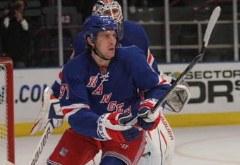 NEW YORK - NOVEMBER 23: Matt Gilroy #97 of the New York Rangers skates against the Columbus Blue Jackets at Madison Square Garden on November 23, 2009 in New York, New York. The Rangers defeated the Blue Jackets 7-4. (Photo by Bruce Bennett/Getty Images)