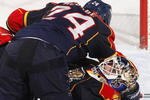 SUNRISE, FL - DECEMBER 7: Bryan McCabe #24 ends up on top of Goaltender Tomas Vokoun #29 of the Florida Panthers after being tripped in front of the net in the game against the Edmonton Oilers on December 7, 2009 at the BankAtlantic Center in Sunrise, Florida. The Oilers defeated the Panthers 3-2 in a shoot out (Photo by Joel Auerbach/Getty Images)
