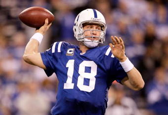 INDIANAPOLIS - DECEMBER 06:  Peyton Manning #18 of the Indianapolis Colts throws a pass during the NFL game against the Tennessee Titans at Lucas Oil Stadium on December 6, 2009 in Indianapolis, Indiana.  (Photo by Andy Lyons/Getty Images)