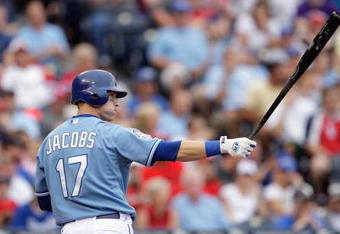 KANSAS CITY, MO - JUNE 20:  Mike Jacobs #17 of the Kansas City Royals bats against the St. Louis Cardinals during the game on June 20, 2009 at Kauffman Stadium in Kansas City, Missouri. (Photo by Jamie Squire/Getty Images)