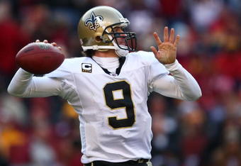 LANDOVER, MD - DECEMBER 06:  Quarterback Drew Brees #9 of the New Orleans Saints throws a pass against the Washington Redskins on December 6, 2009 at FedExField in Landover, Maryland.  (Photo by Chris McGrath/Getty Images)