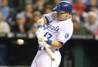 KANSAS CITY, MO - SEPTEMBER 24: Mike Jacobs #17 of the Kansas City Royals swings at the pitch during the game against the Boston Red Sox on September 24, 2009 at Kauffman Stadium in Kansas City, Missouri. (Photo by Jamie Squire/Getty Images)