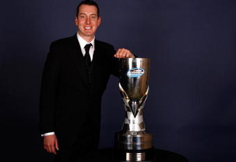 MIAMI - NOVEMBER 23:  Kyle Busch, 2009 NASCAR Nationwide Series Champion, poses with his trophy during the NASCAR Nationwide/Truck Series Banquet at Loews Miami Beach Hotel on November 23, 2009 in Miami, Florida.  (Photo by Chris Graythen/Getty Images for NASCAR)