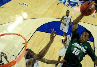 DETROIT - APRIL 04:  Durrell Summers #15 of the Michigan State Spartans dunks in the second half over Stanley Robinson #21 of the Connecticut Huskies during the National Semifinal game of the NCAA Division I Men's Basketball Championship at Ford Field on April 4, 2009 in Detroit, Michigan. Michigan State won 82-73.  (Photo by Rich Clarkson-Pool/Getty Images)