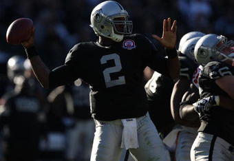 OAKLAND, CA - NOVEMBER 15:  JaMarcus Russell #2 of the Oakland Raiders passes against the Kansas City Chiefs during an NFL game at Oakland-Alameda County Coliseum on November 15, 2009 in Oakland, California.  (Photo by Jed Jacobsohn/Getty Images)