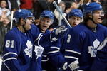 TORONTO - DECEMBER 7:  Phil Kessel #81and  Matt Stajan #14 of the Toronto Maple Leafs celebrate goal during action against the Atlanta Thrashers December 7, 2009 at the Air Canada Centre in Toronto, Ontario, Canada. (Photo by Abelimages/Getty Images)