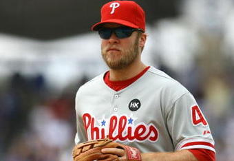 LOS ANGELES, CA - JUNE 06:  Eric Bruntlett #4 of the Philadelphia Phillies looks on against the Los Angeles Dodgers at Dodger Stadium on June 6, 2009 in Los Angeles, California. The Dodgers defeated the Phillies 3-2 in 12 innings.  (Photo by Jeff Gross/Getty Images)