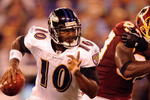 BALTIMORE, MD - AUGUST 13:  Troy Smith #10 of the Baltimore Ravens runs with the ball during a NFL preseason football game against the Washington Redskins on August 13, 2009 at M & T Bank Stadium in Baltimore, Maryland.   (Photo by Mitchell Layton/Getty Images)
