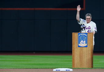 NEW YORK - AUGUST 22:  Tom Seaver speaks during the presentation commemorating the New York Mets 40th anniversary of the 1969 World Championship team on August 22, 2009 at Citi Field in the Flushing neighborhood of the Queens borough of New York City.  (Photo by Jared Wickerham/Getty Images)