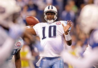 INDIANAPOLIS - DECEMBER 06:  Vince Young #10 of  the Tennessee Titans throws a pass during the NFL game against the Indianapolis Colts at Lucas Oil Stadium on December 6, 2009 in Indianapolis, Indiana.  (Photo by Andy Lyons/Getty Images)
