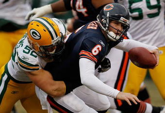 CHICAGO - DECEMBER 13: Jay Cutler #6 of the Chicago Bears is sacked by Clay Matthews #52 of the Green Bay Packers at Soldier Field on December 13, 2009 in Chicago, Illinois. (Photo by Jonathan Daniel/Getty Images)