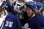 TORONTO - DECEMBER 14:  Vesa Toskala #35 and Jason Blake #55 of the Toronto Maple Leafs share a laugh after defeating the Ottawa Senators during action December 14, 2009 at the Air Canada Centre in Toronto, Ontario, Canada. (Photo by Abelimages/Getty Images)