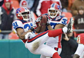 KANSAS CITY, MO - DECEMBER 13: Defensive back George Wilson #37 of the Buffalo Bills intercepts a pass in the end zone to seal the victory against the Kansas City Chiefs at Arrowhead Stadium on December 13, 2009 Kansas City, Missouri.  The Bills defeated the Chiefs 16-10.  (Photo by Wesley Hitt/Getty Images)