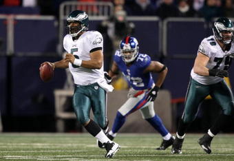 EAST RUTHERFORD, NJ - DECEMBER 13:  Donovan McNabb #5 of the Philadelphia Eagles looks to pass against the New York Giants at Giants Stadium on December 13, 2009 in East Rutherford, New Jersey.  (Photo by Nick Laham/Getty Images)