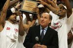 CHICAGO - MARCH 11:  The Ohio State Buckeyes celebrate as they are presented with the trophy by Big Ten Commissioner Jim Delany (C, w/microphone) following Ohio St.'s 66-49 win against the Wisconsin Badgers during the Final of the Big Ten Men's Basketball Conference Tournament March 11, 2007 at the United Center in Chiago Illinois.  (Photo by Jonathan Daniel/Getty Images)