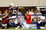 ARLINGTON, TX - DECEMBER 13:  Wide receiver Vincent Jackson #83 of the San Diego Chargers makes a pass reception against Gerald Sensabaugh #43 of the Dallas Cowboys at Cowboys Stadium on December 13, 2009 in Arlington, Texas.  (Photo by Ronald Martinez/Getty Images)