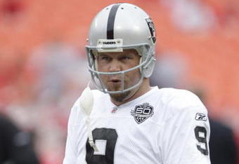 KANSAS CITY, MO - SEPTEMBER 20:  Shane Lechler #9 of the Oakland Raiders looks on before the game against the Kansas City Chiefs at Arrowhead Stadium on September 20, 2009 in Kansas City, Missouri. (Photo by Jamie Squire/Getty Images)